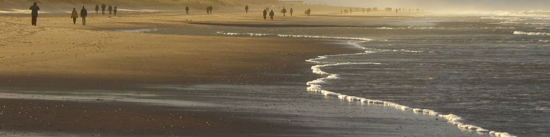 Golden sunllight shines through the brooding dark clouds, as people take a walk on a wintery Belgian Coast. Appartment blocks of Wenduine in West Flanders are visible in the background.