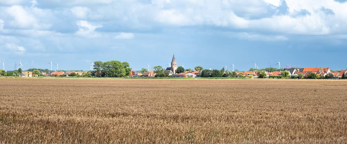 A rural landscape with a wind farm, a church, and houses.