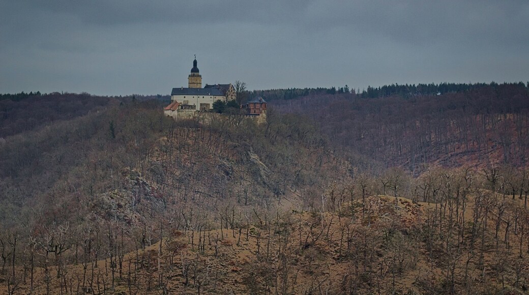Burg Falkenstein is an ancient castle at Falkenstein/Harz. The picture is taken from viewpoint Selkesicht at Ackeburg - part of the "Harzer Wandernadel"-hiking adventure.