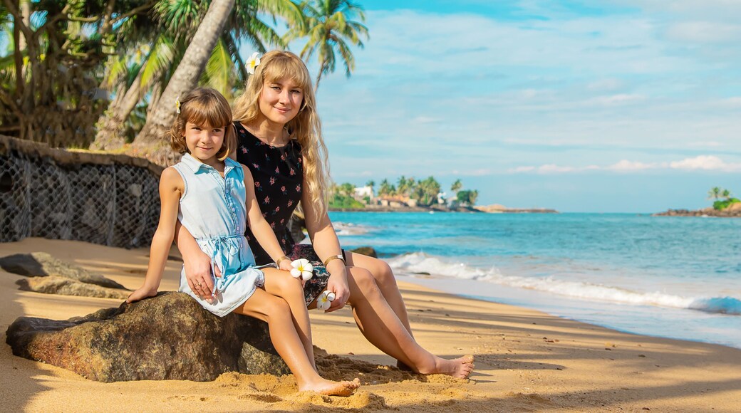 Deux personnes sont assises sur un rocher, prĂšs dâune plage bordĂ©e de palmiers, sous un ciel dĂ©gagĂ©.