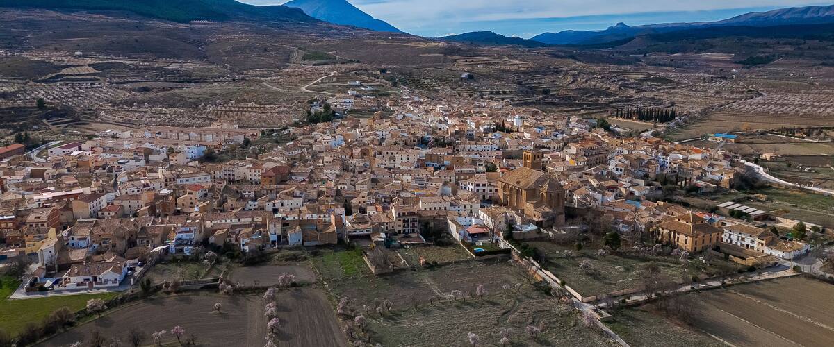 A town with a dense cluster of buildings, surrounded by agricultural fields and mountains in the background.