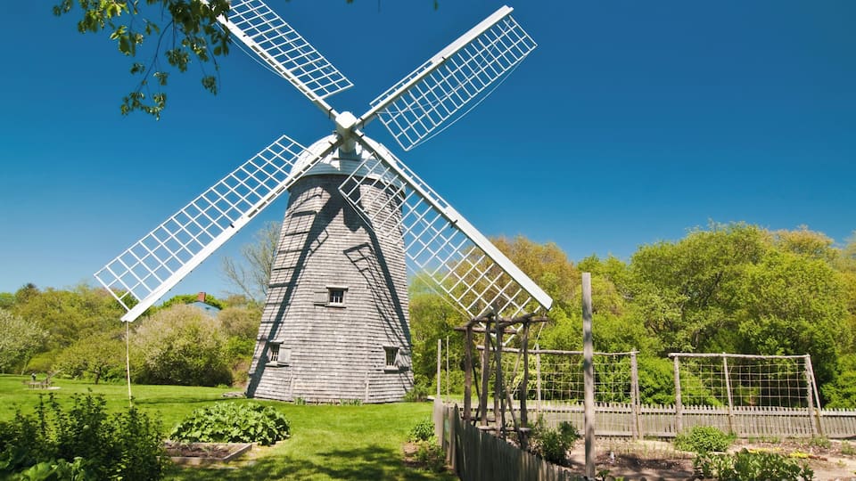 A traditional windmill with large sails, surrounded by a lush green garden and trees.