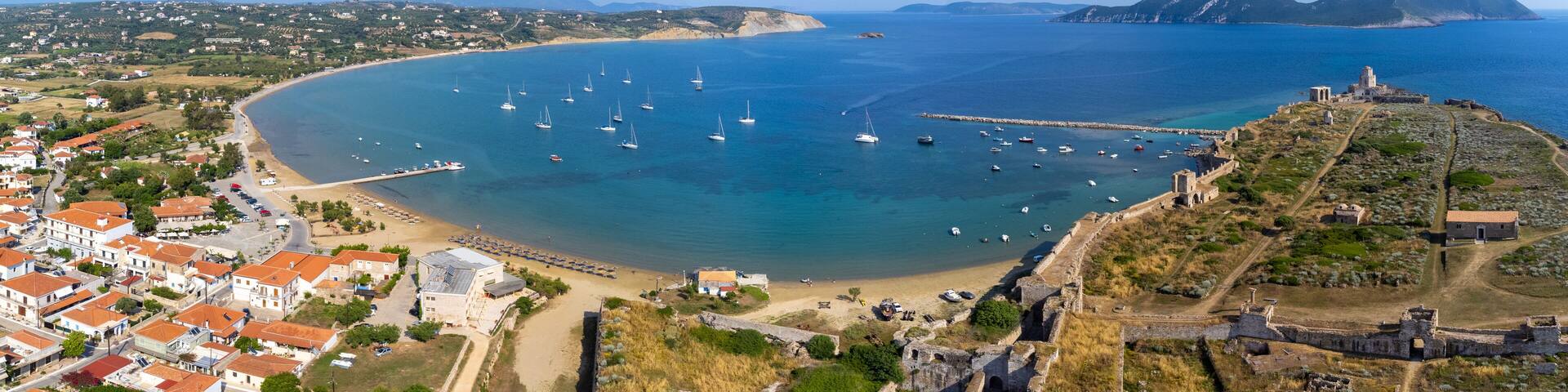Aerial drone view of Methoni village in Messenia, Peloponnese, Greece.