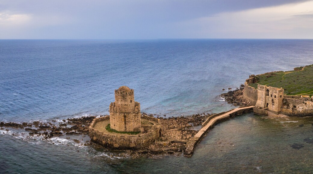 Wide panorama of Methoni at sunset in Peloponnese, Messenia, Greece