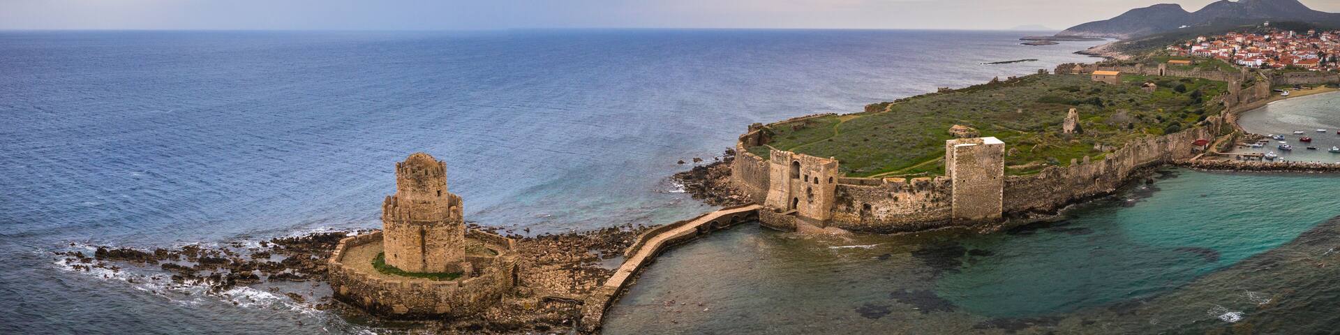 Wide panorama of Methoni at sunset in Peloponnese, Messenia, Greece