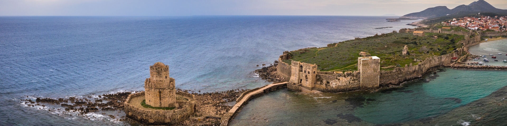 Wide panorama of Methoni at sunset in Peloponnese, Messenia, Greece