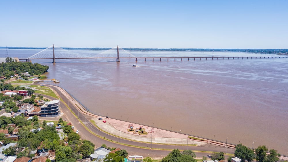Aerial view of Encarnacion in Paraguay overlooking the bridge to Posadas in Argentina.