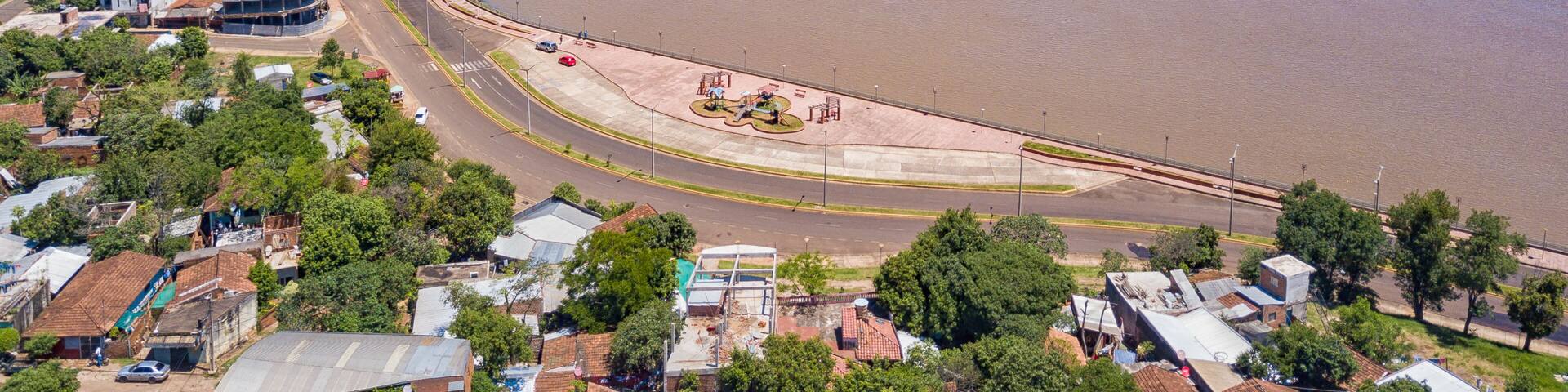 Aerial view of Encarnacion in Paraguay overlooking the bridge to Posadas in Argentina.