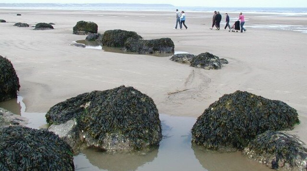Middle Cliff Beach, Speeton Sands Heavily eroded anti-tank blocks on the beach below Reighton Sands Holiday Village, looking north-northwest towards Filey Brigg.