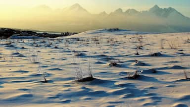 High Tatras Mountains at sunset! This was taken from the village of VeÄŸkĂĄ Lomnica. I was heading back to Poprad and decided to get out at the StudenĂœ potok station. As the mountain views were breathtaking. And had to get a closer look and take many photos! I walked some in the thick snow, getting as good of views as I could! They were epic views! And one of my favorite moments in Slovakia!