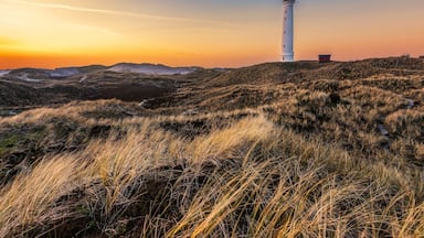 A lighthouse on a grassy hill with a sunset in the background.