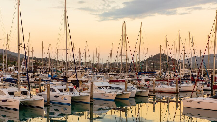 Coral Sea Marina featuring a bay or harbor and a sunset