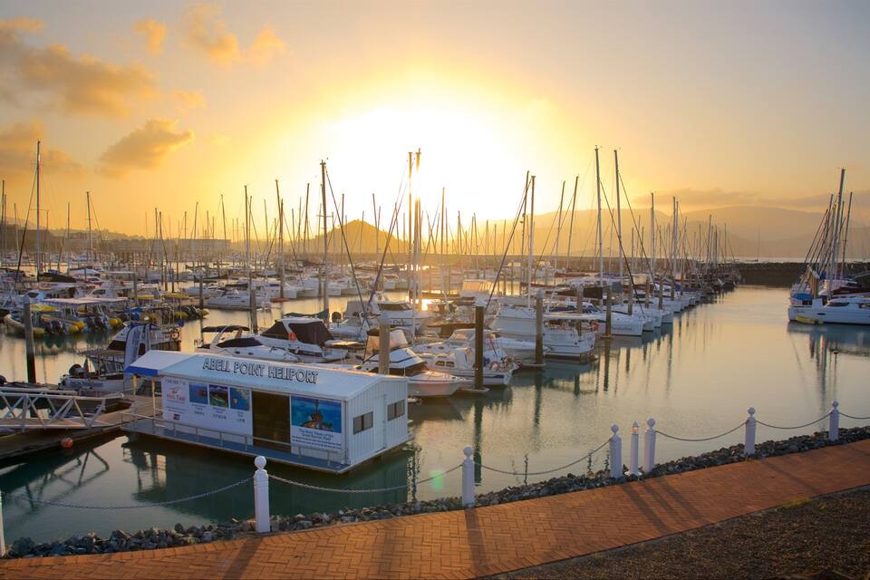 A marina with numerous sailboats docked at sunset.