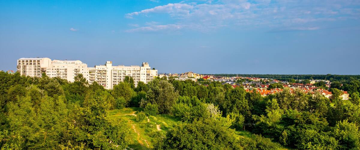 Panoramic view of Kabaty and Ursynow district with intensive residential developments near Las Kabacki Forest in Warsaw in central Poland