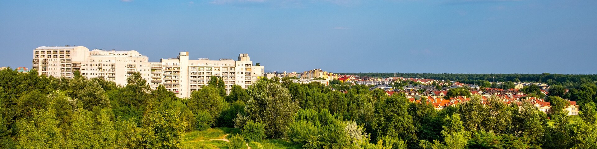 Panoramic view of Kabaty and Ursynow district with intensive residential developments near Las Kabacki Forest in Warsaw in central Poland