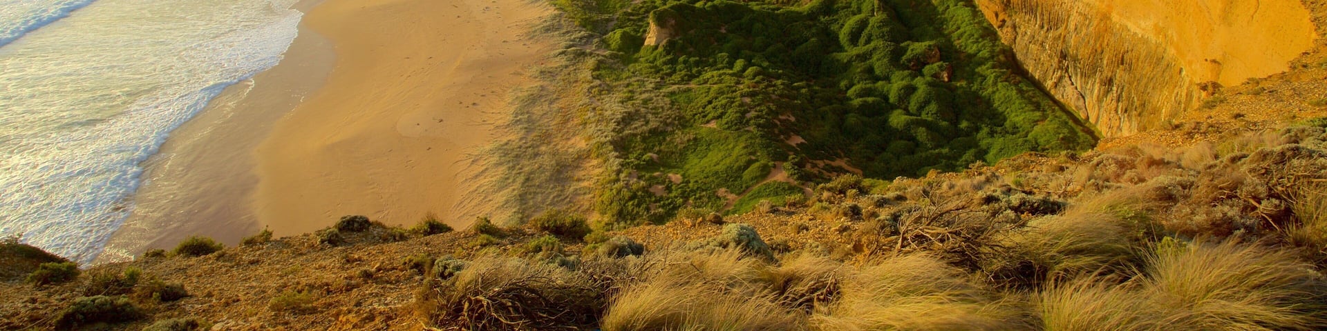 Twelve Apostles featuring a sunset, a beach and a gorge or canyon