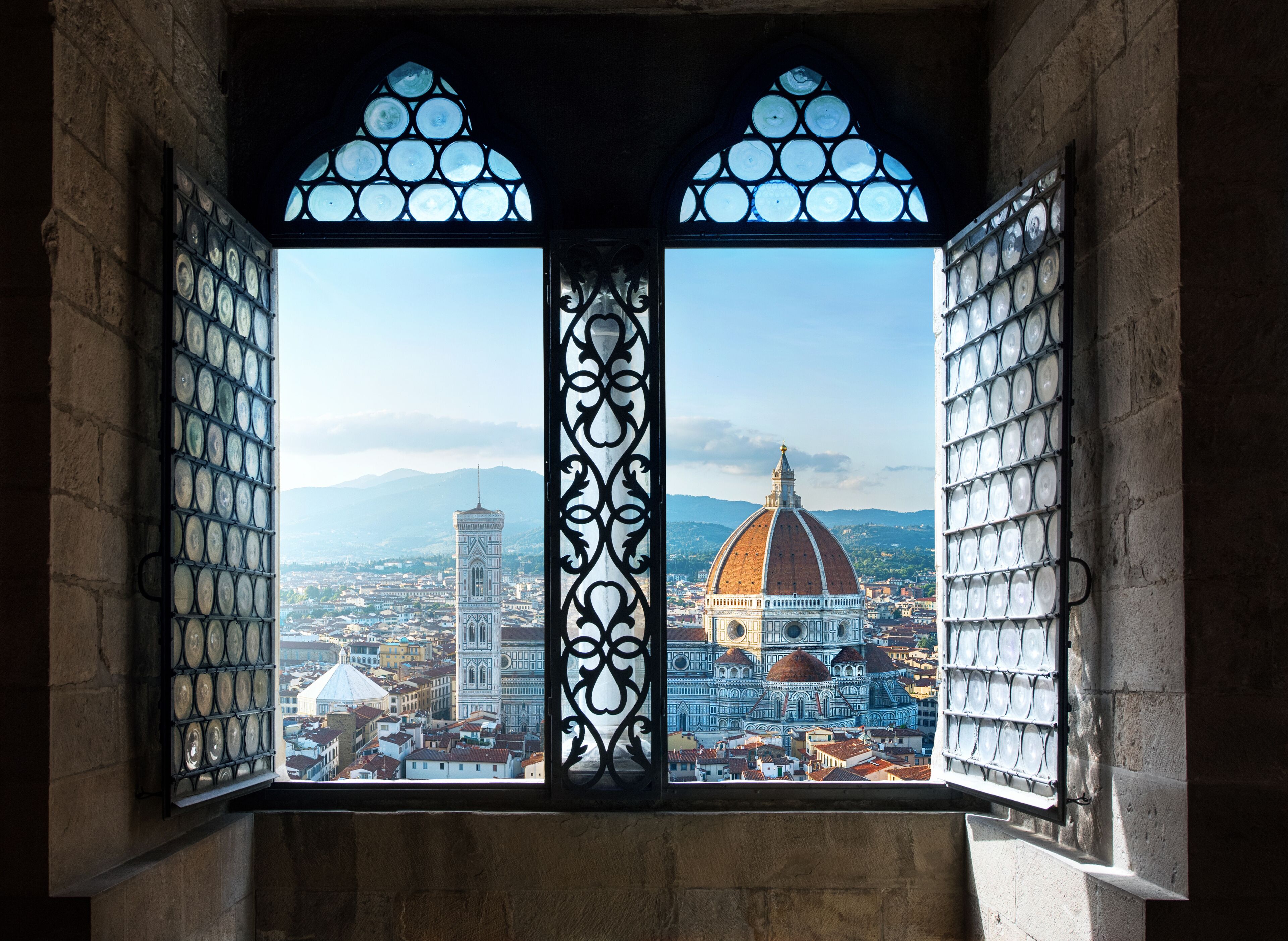 A view through a window with a decorative grille, overlooking a cityscape with a prominent dome and a tower.