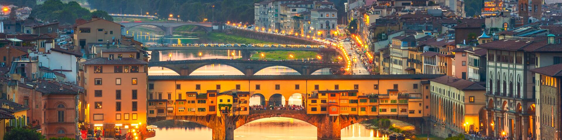 A cityscape with a prominent bridge over a river, surrounded by historic buildings and a distant mountain range.