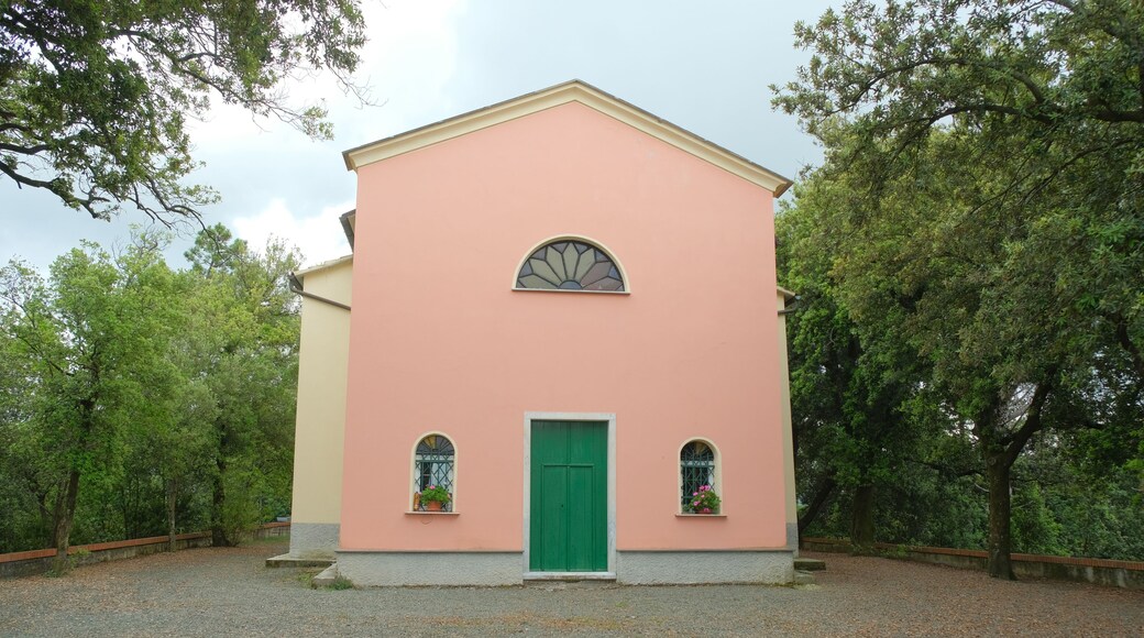 A pink building with a green door, two windows with flower boxes, and a curved window above the door.