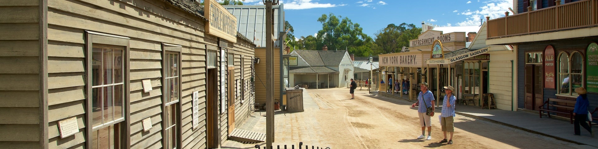 Sovereign Hill showing street scenes and heritage architecture as well as a small group of people