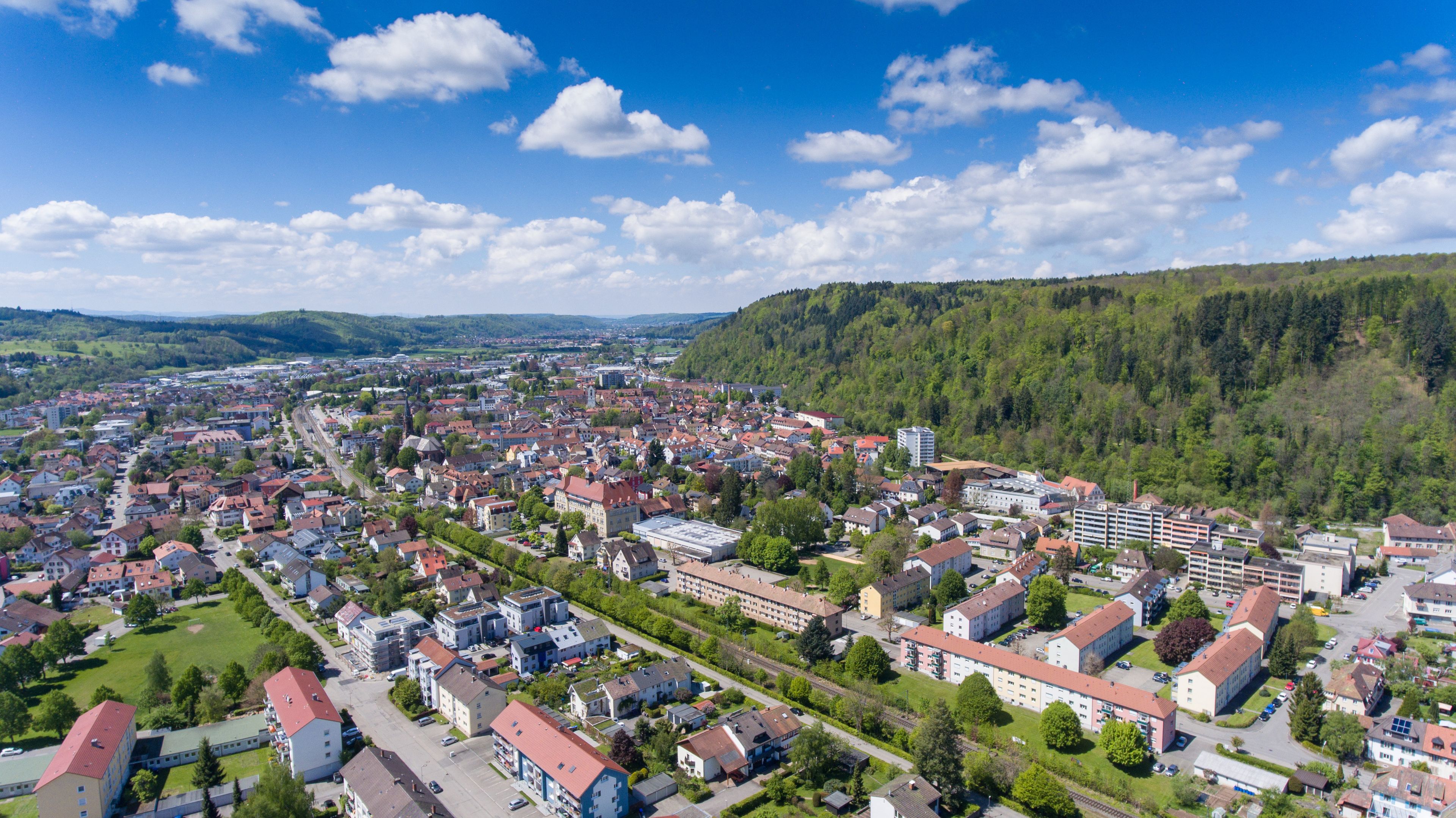 Une vue panoramique d’une ville avec des quartiers résidentiels densément peuplés, des collines verdoyantes et un ciel bleu dégagé.