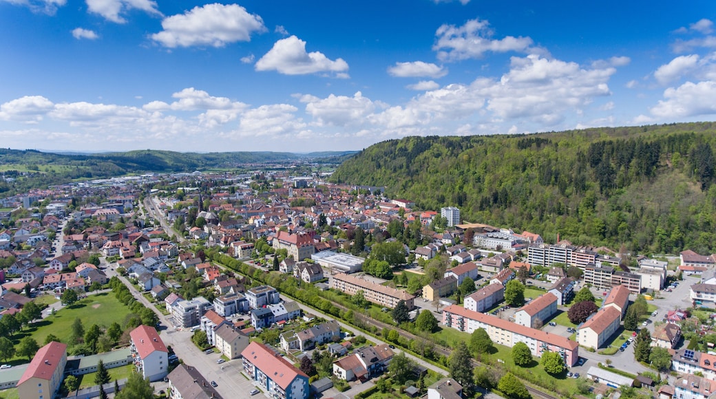 Une vue panoramique d’une ville avec des quartiers résidentiels densément peuplés, des collines verdoyantes et un ciel bleu dégagé.