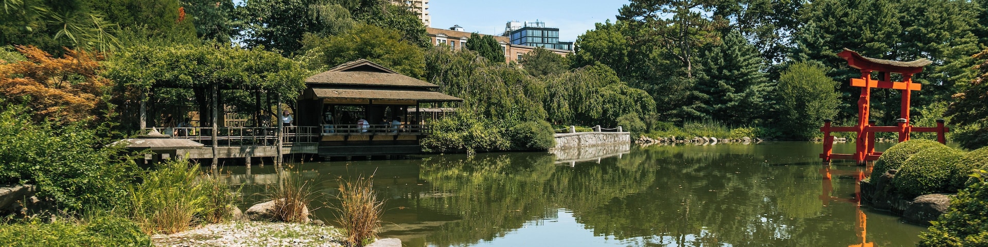 A serene pond with stepping stones, surrounded by lush greenery and a traditional Japanese torii gate.