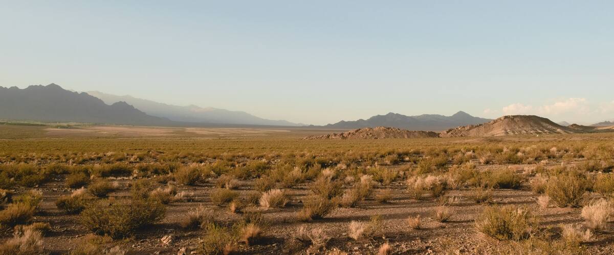 Vast arid valley in Uspallata, Mendoza, Argentina. Wide panoramic view.