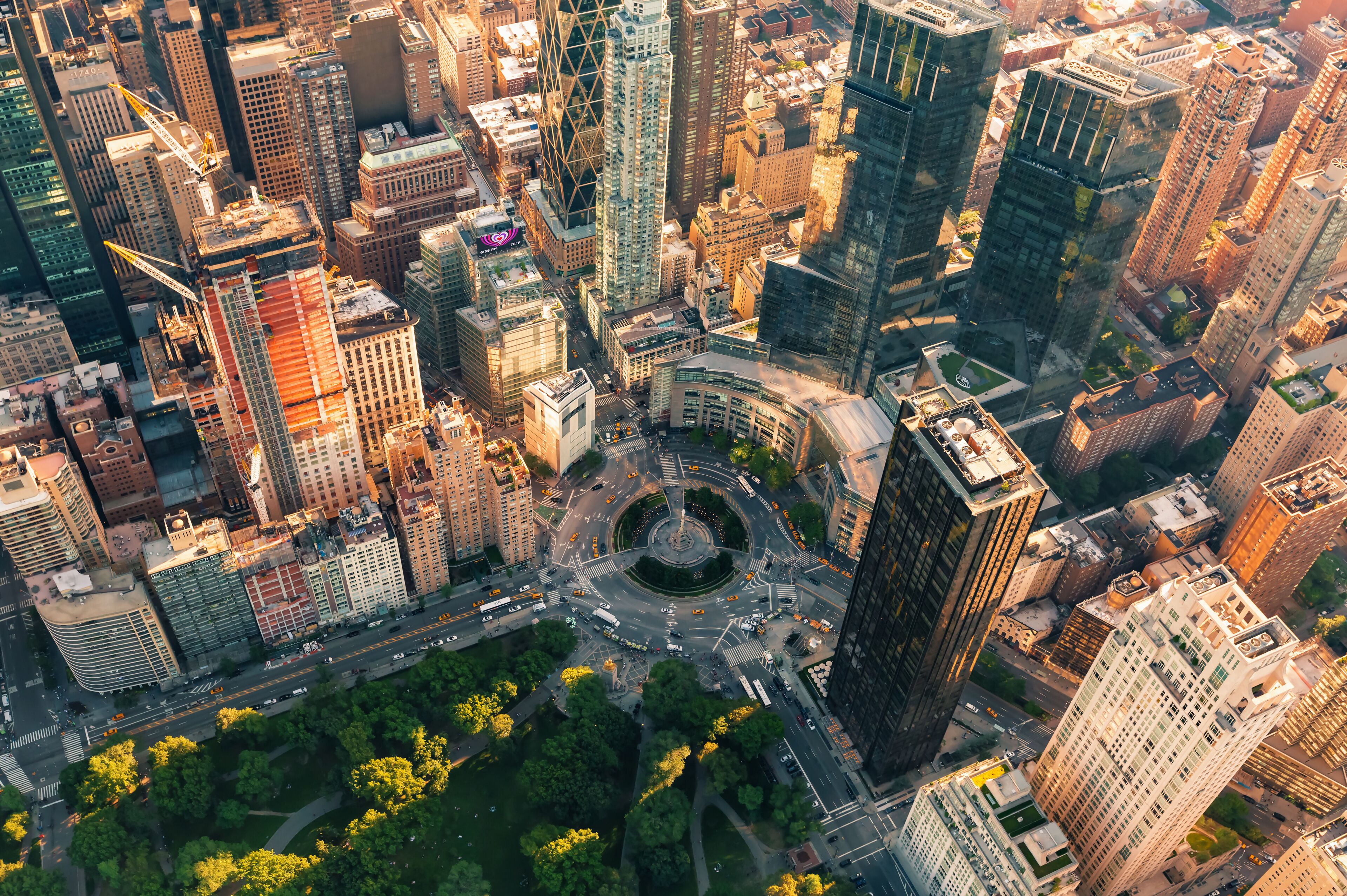 Aerial view of Columbus Circle in New York City at sunset