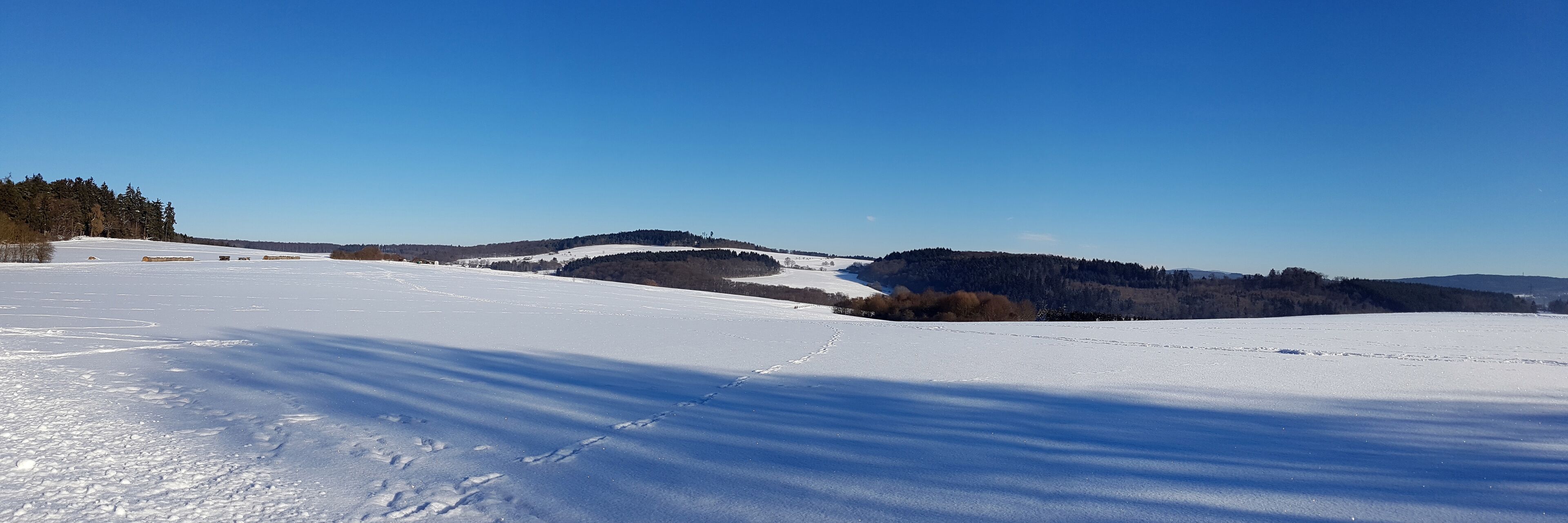 A snowy landscape with rolling hills and a clear blue sky.