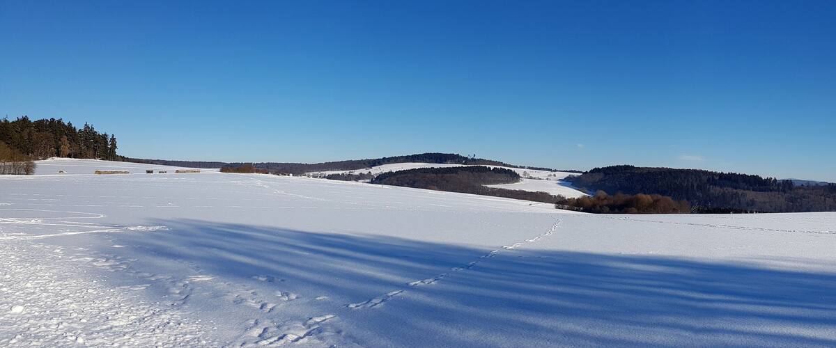 A snowy landscape with rolling hills and a clear blue sky.
