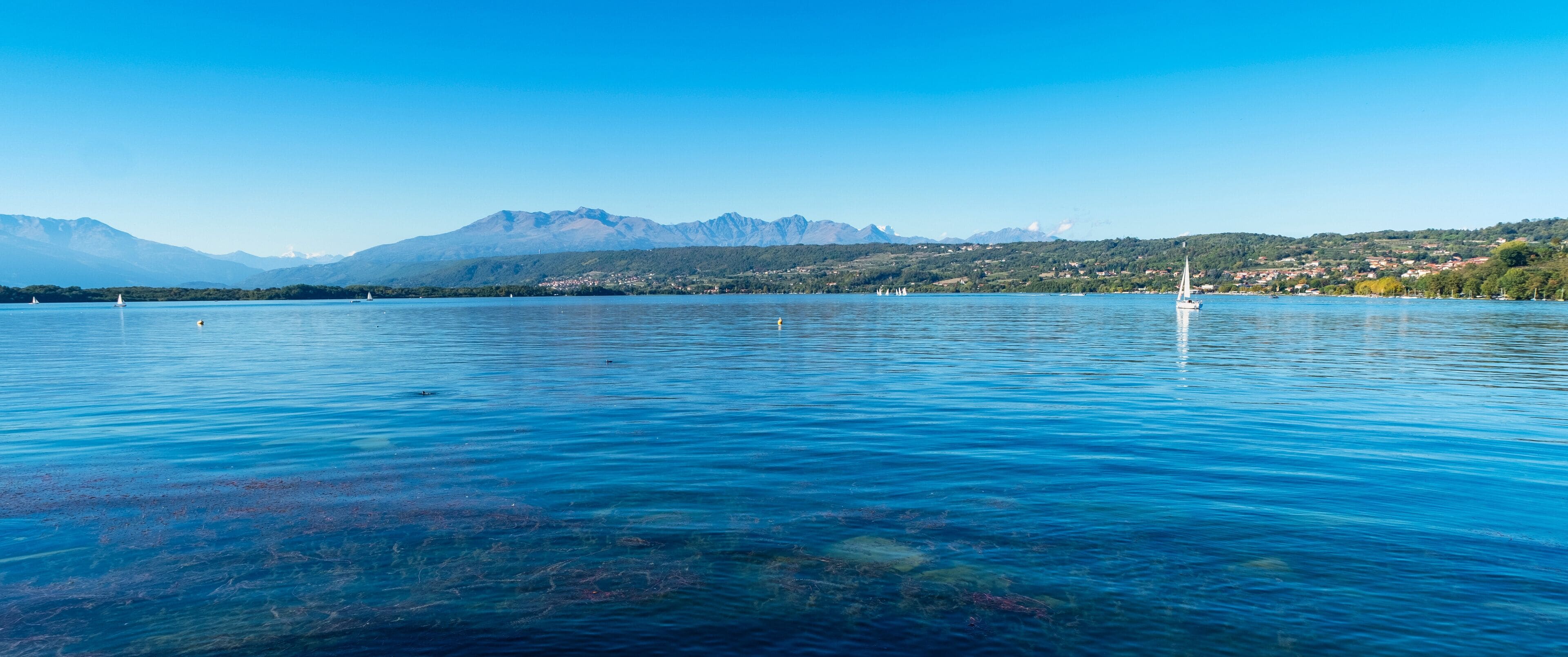 Early fall panorama of the Viverone Lake. Is a small glacier originated lake, located in the Northern Italy, Piedmont region (Biella and Torino Province), close to Valle d'Aosta Alps.