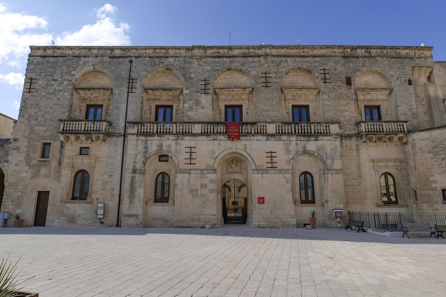 The facade of an ancient noble house in Muro Leccese, a town in the province of Lecce, Italy.