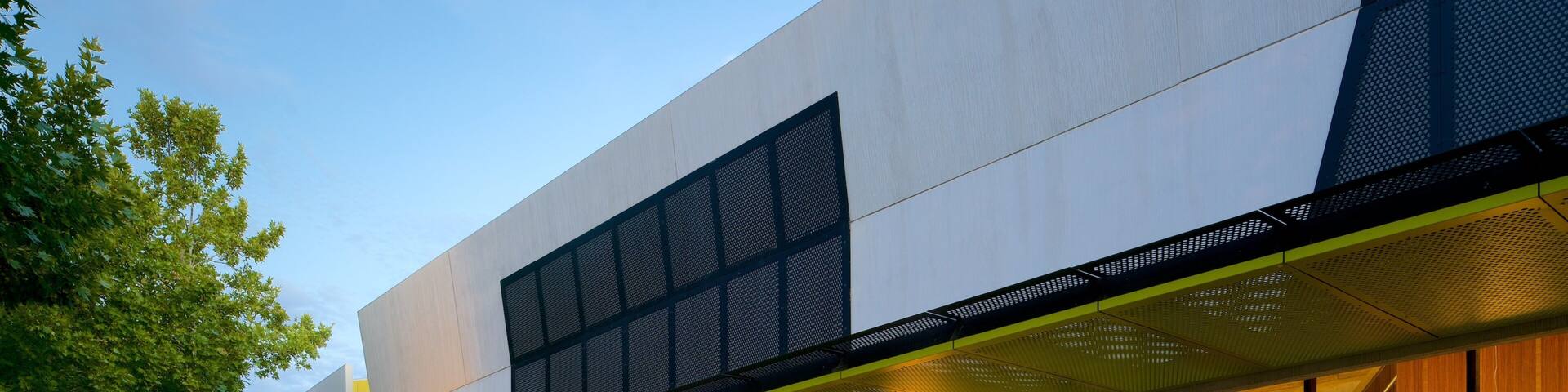 Bendigo Library featuring an administrative buidling, modern architecture and a sunset