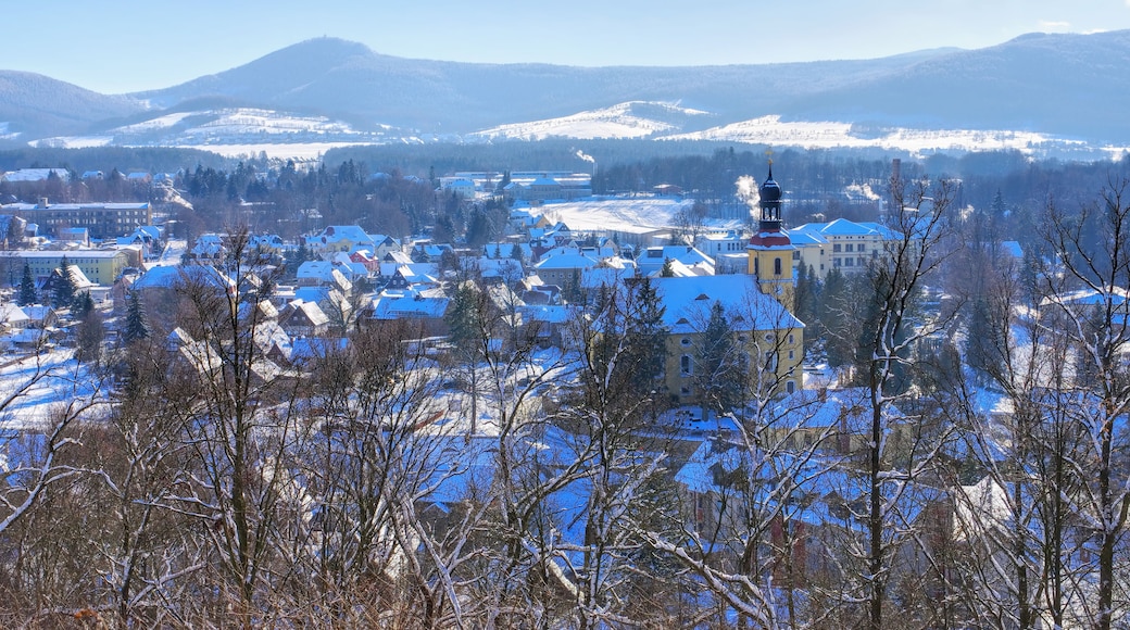 A snow-covered town with a prominent church steeple, surrounded by mountains and trees.