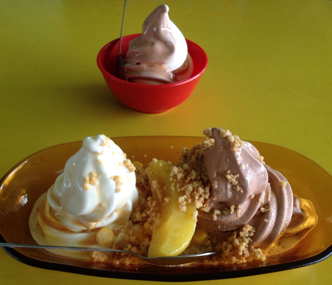 A dessert plate with ice cream and fruit on a yellow table.
