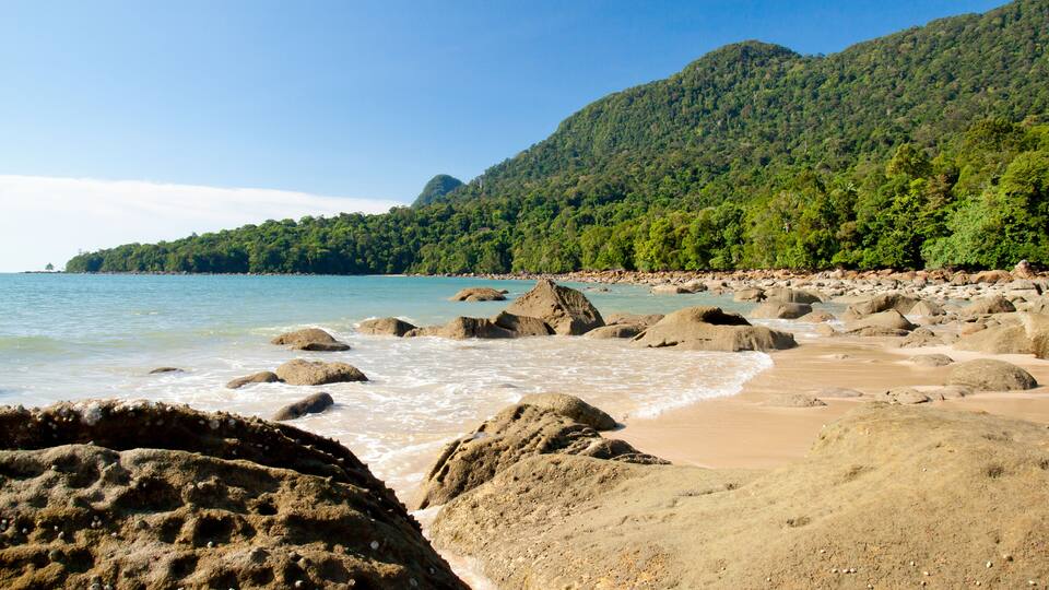 A rocky beach with clear blue water, sandy shore, and a forested hill in the background.
