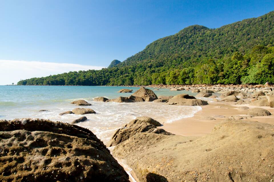 A rocky beach with clear blue water, sandy shore, and a forested hill in the background.