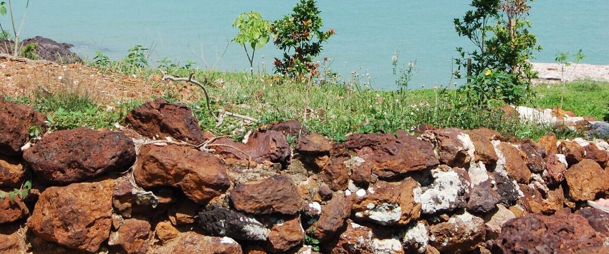 A rocky shoreline with a view of the ocean and a distant ship.