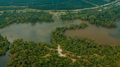 Aerial drone view of tropical scenery with dam lake at Jasin, Melaka, Malaysia