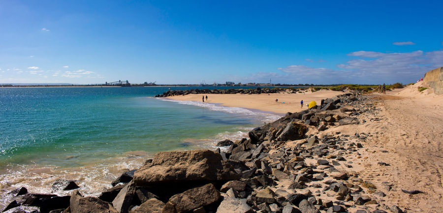 The Breakwater, Bunbury Outer Harbour Western Australia is a basalt formation which ends in Point Casuarina and is a wall of stone reaching into the Indian Ocean to provide an area of calm water., Sh
