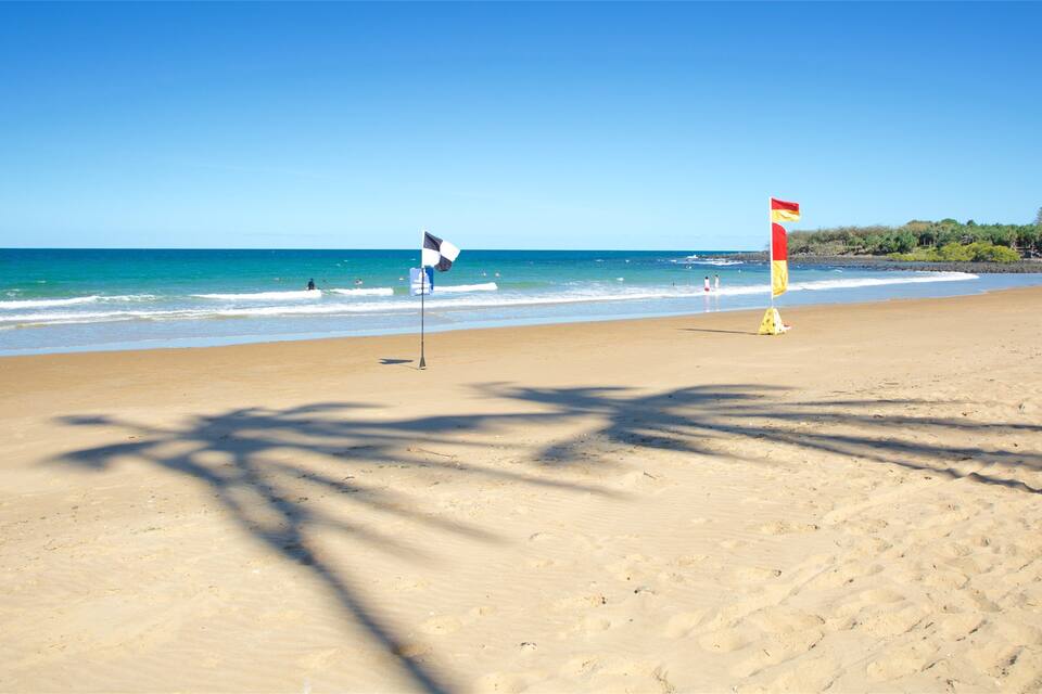 A beach with clear skies, calm waves, and a lifeguard flag.