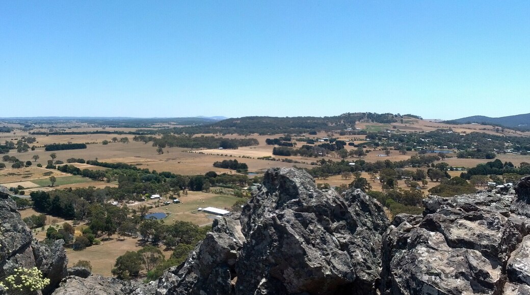 Hanging Rock, Victoria was made famous in Peter Weir's 1975 fictional feature film "Picnic at Hanging Rock" (see http://www.youtube.com/watch?v=x05QuAhpq6o ). This is one of the scenic views from the summit of this volcanic outcrop. Hanging Rock is also famous for its country horse racing (on New Year's Day and Australia/Invasion/Survival Day (26th January). Nowadays in summer, it is also a venue for big name outdoor rock concerts.