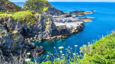 A coastal landscape with rocky cliffs, clear blue waters, and a small pier.