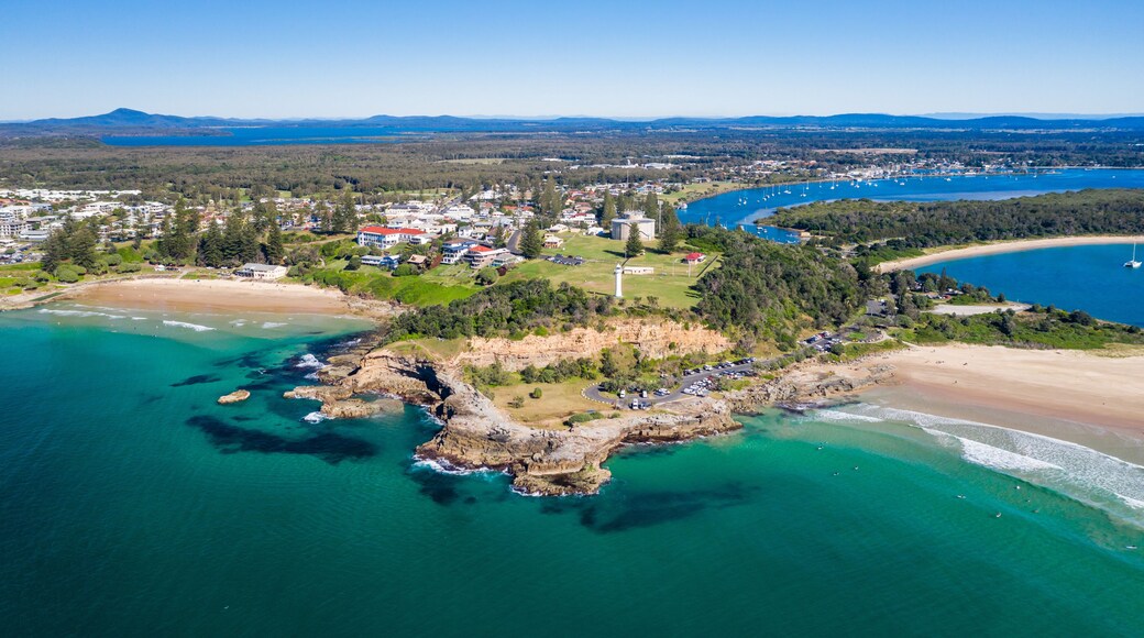 Yamba main beach and ocean pool bath aerial photograph on blue sky sunny day