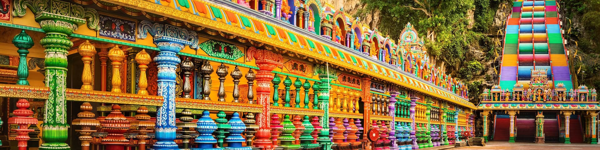 Colorful stairs of Batu caves, Malaysia. Panorama