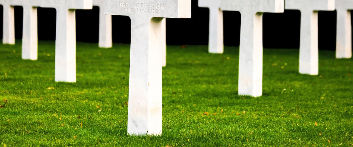 A row of white crosses on a grassy field.