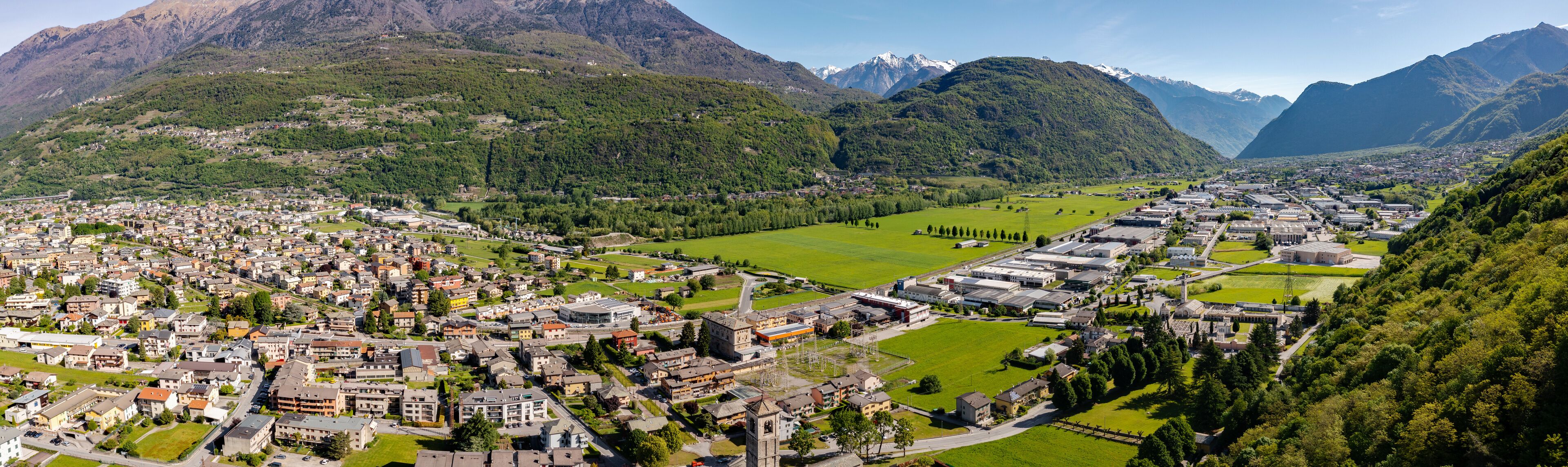 City of Morbegno in Valtellina, Italy, aerial view
