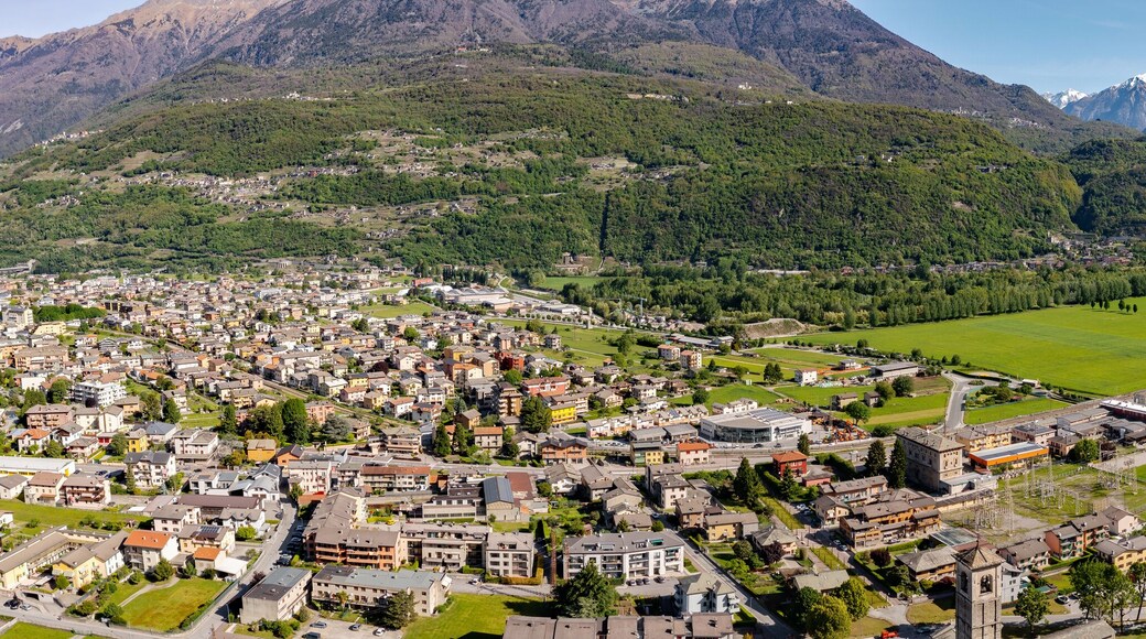 City of Morbegno in Valtellina, Italy, aerial view