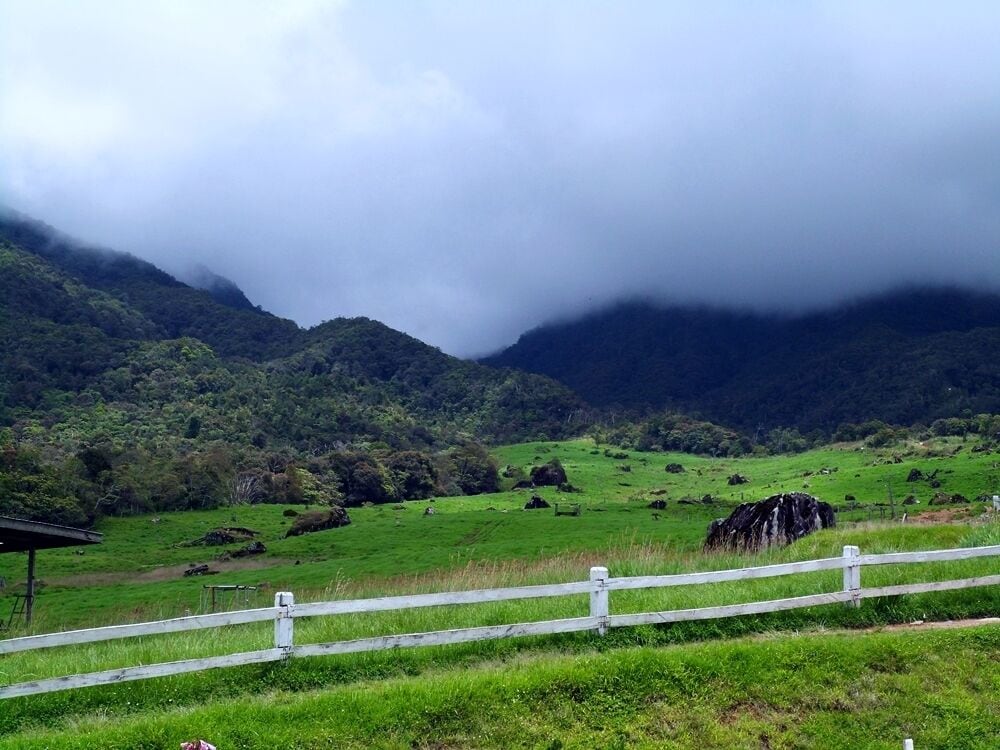 A lush green valley with a wooden fence, rolling hills, and a mountain partially obscured by clouds.